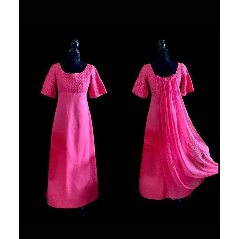 Flamingo Pink Empire Waist Prom Dress Chiffon Drape 1960s Vintage‎